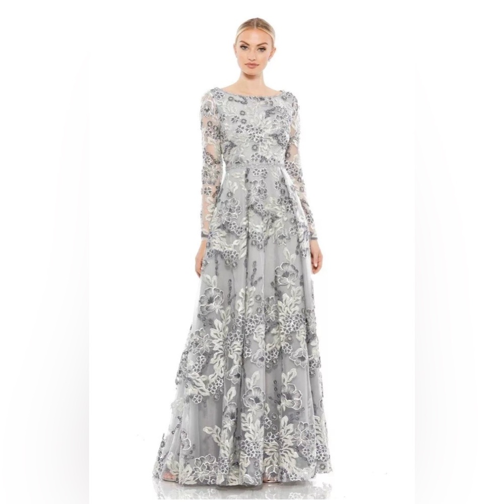 Mac Duggal Silver Gray Embroidered Long Sleeve Midi Dress